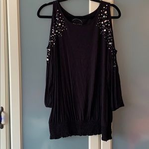 Inc  Women Black Rhinestone Cold-Shoulder Top